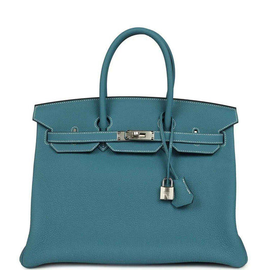 Turquoise Togo leather Birkin 35 handbag with palladium turn-lock and top handles