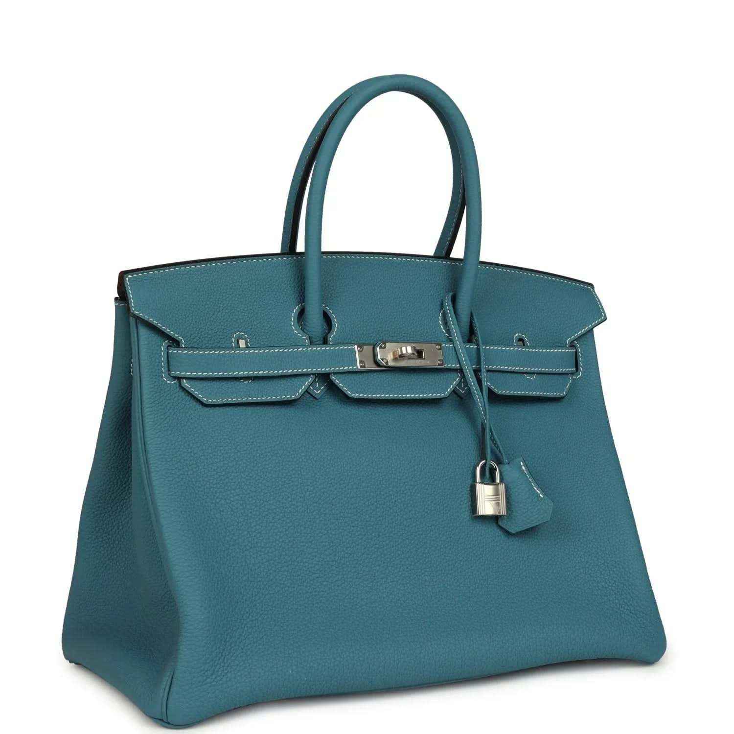 Turquoise Togo leather Birkin 35 handbag with front flap, palladium lock, and handles