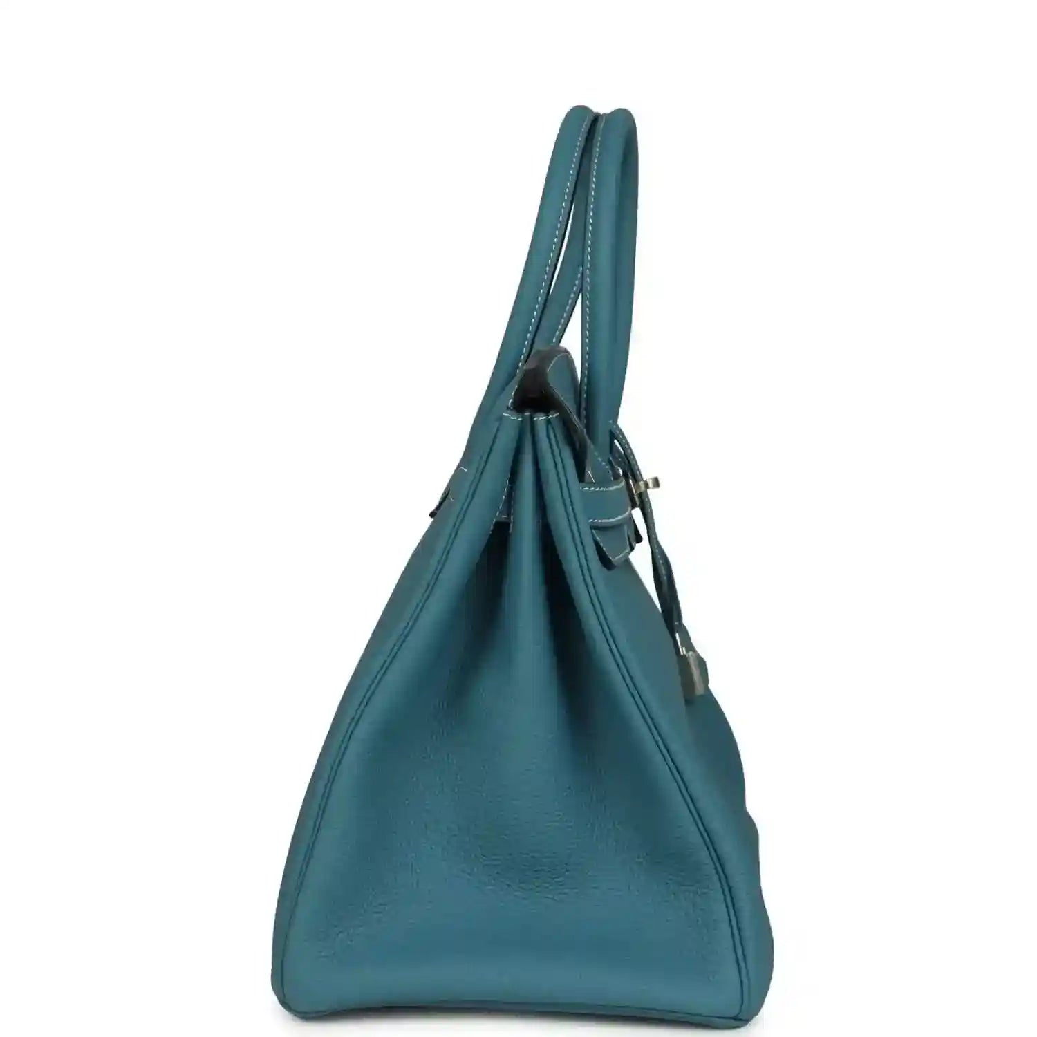 Turquoise Togo leather Birkin 35 handbag with curved handles and side profile