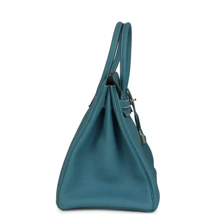 Turquoise Togo leather Birkin 35 handbag with curved handles and side profile