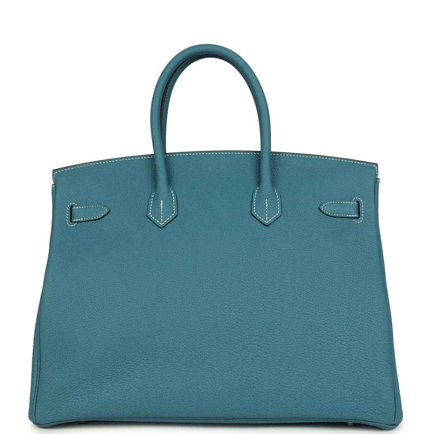 Turquoise Togo leather Birkin 35 handbag with back patch details and top handles