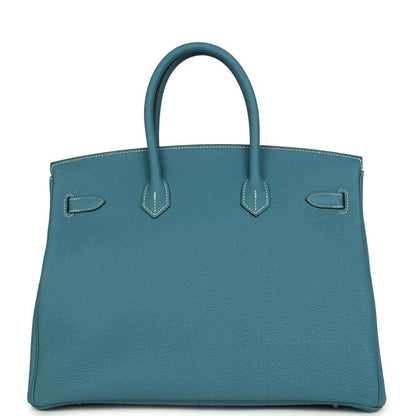 Turquoise Togo leather Birkin 35 handbag with back patch details and top handles