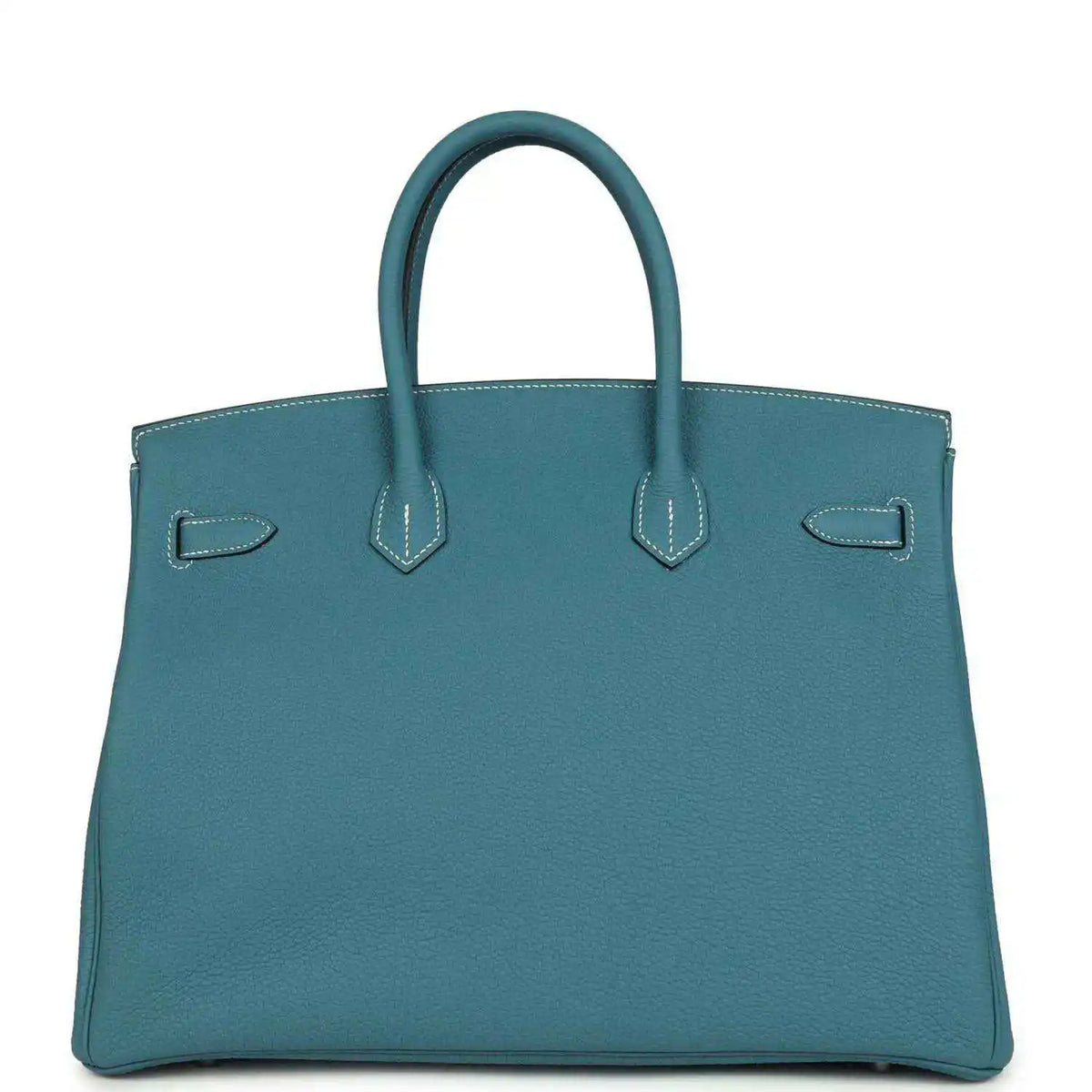 Turquoise Togo leather Birkin 35 handbag with back patch details and top handles