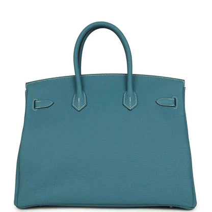 Turquoise Togo leather Birkin 35 handbag with back patch details and top handles