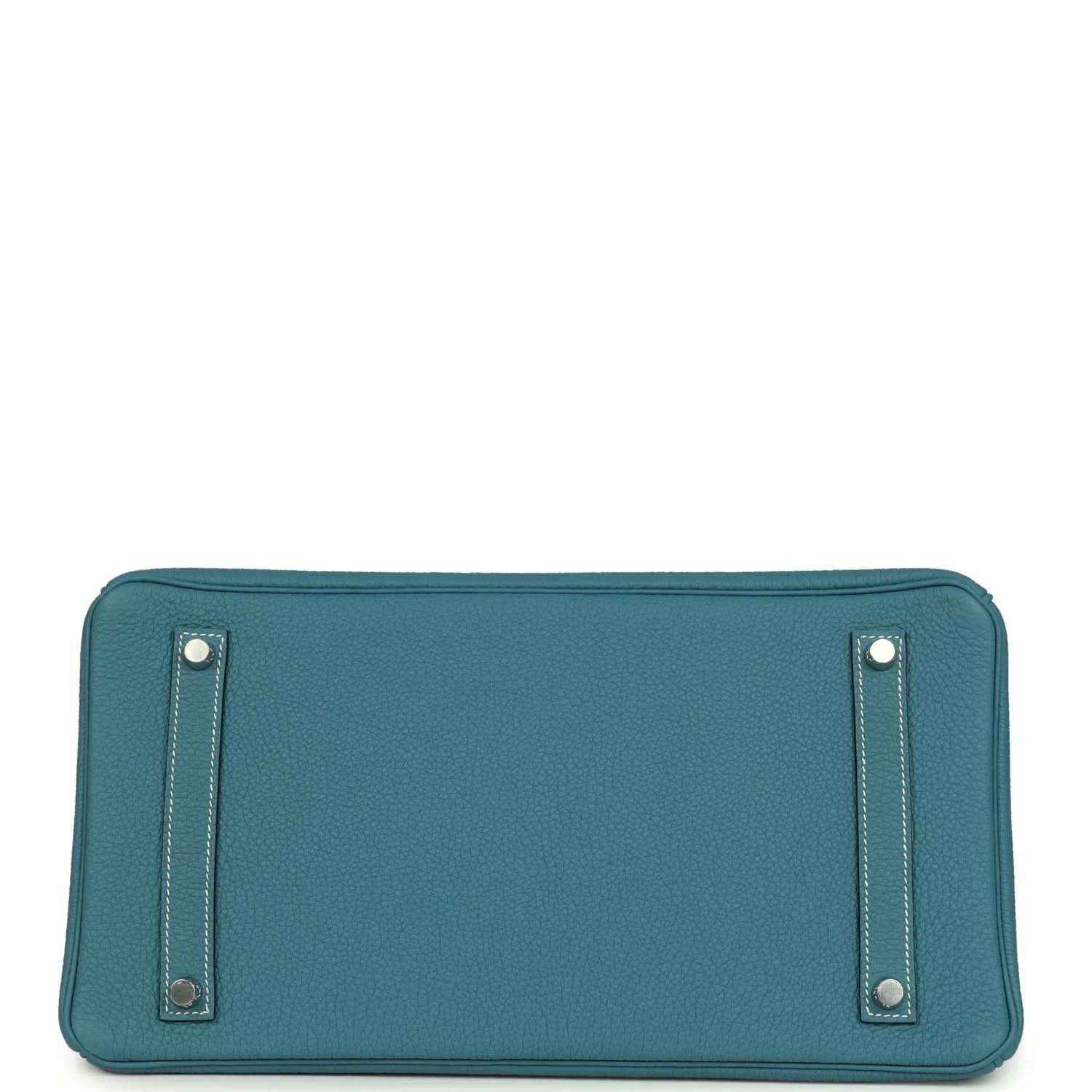 Turquoise Togo leather Birkin 35 handbag with rear panel and two strap-like tabs