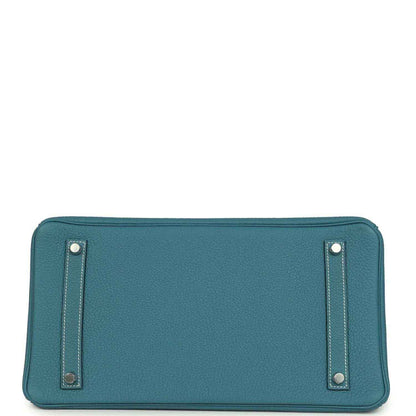 Turquoise Togo leather Birkin 35 handbag with rear panel and two strap-like tabs