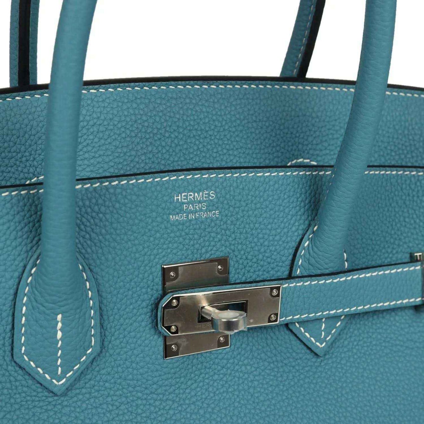 Hermes Paris lining stamp and palladium turn-lock clasp on Birkin handbag