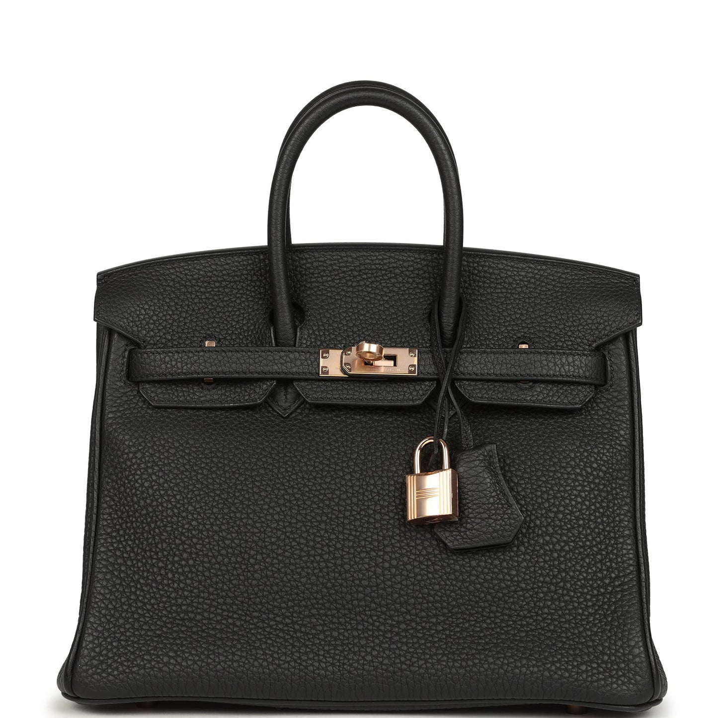 Black Birkin 25 handbag with top handles, front flap, and rose-gold turn-lock