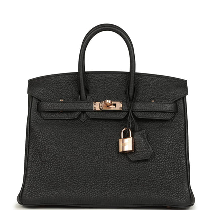 Black Birkin 25 handbag with top handles, front flap, and rose-gold turn-lock