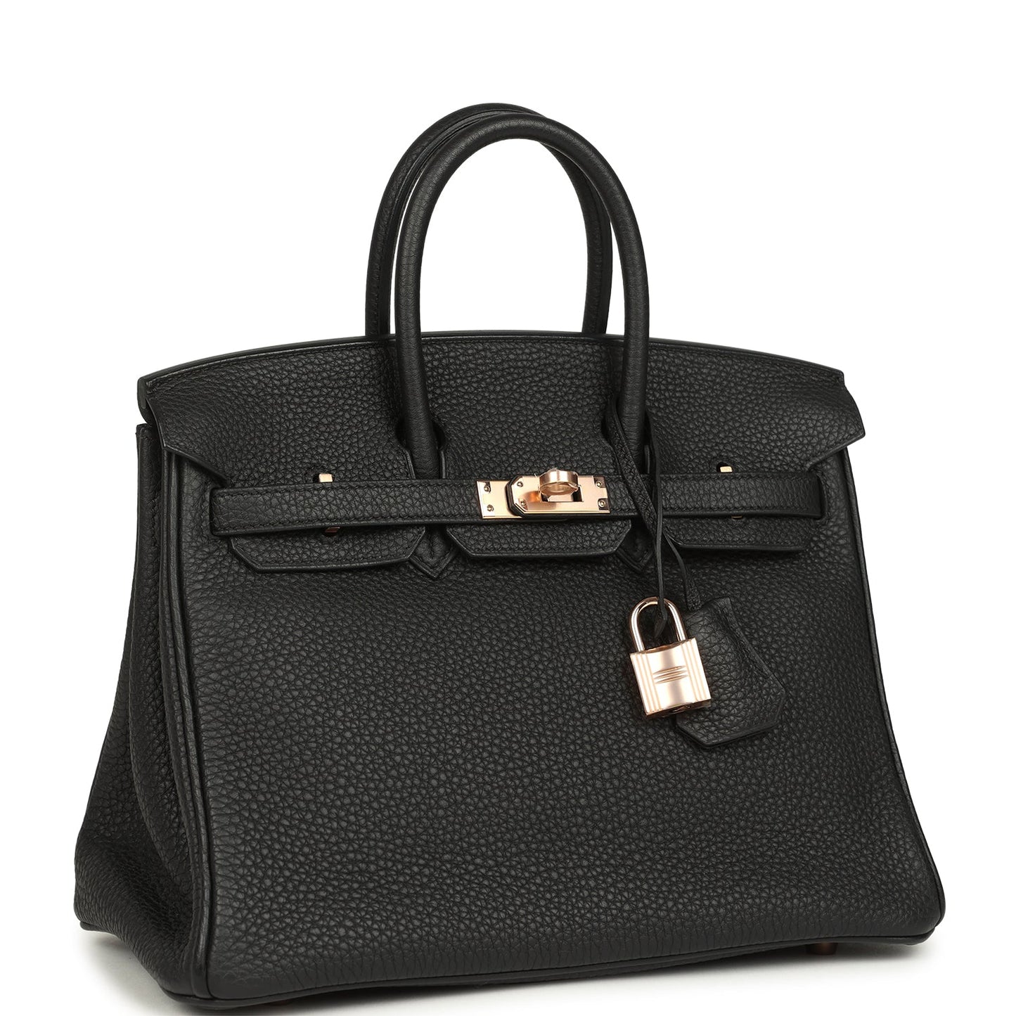 Black Birkin 25 handbag front flap with rose-gold turn-lock and hanging lock charm