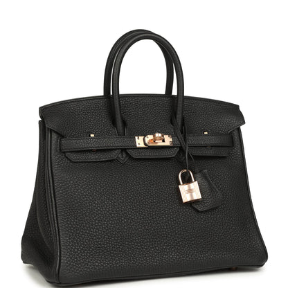 Black Birkin 25 handbag front flap with rose-gold turn-lock and hanging lock charm