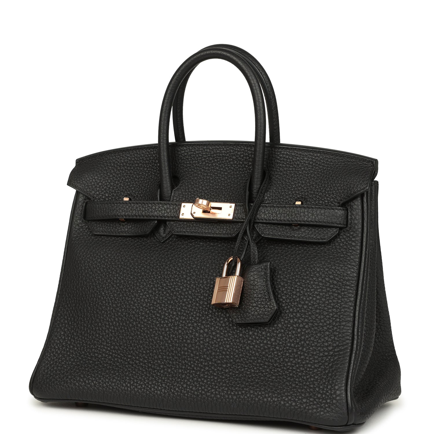 Black Birkin 25 handbag front view with rose-gold turn-lock and padlock charm
