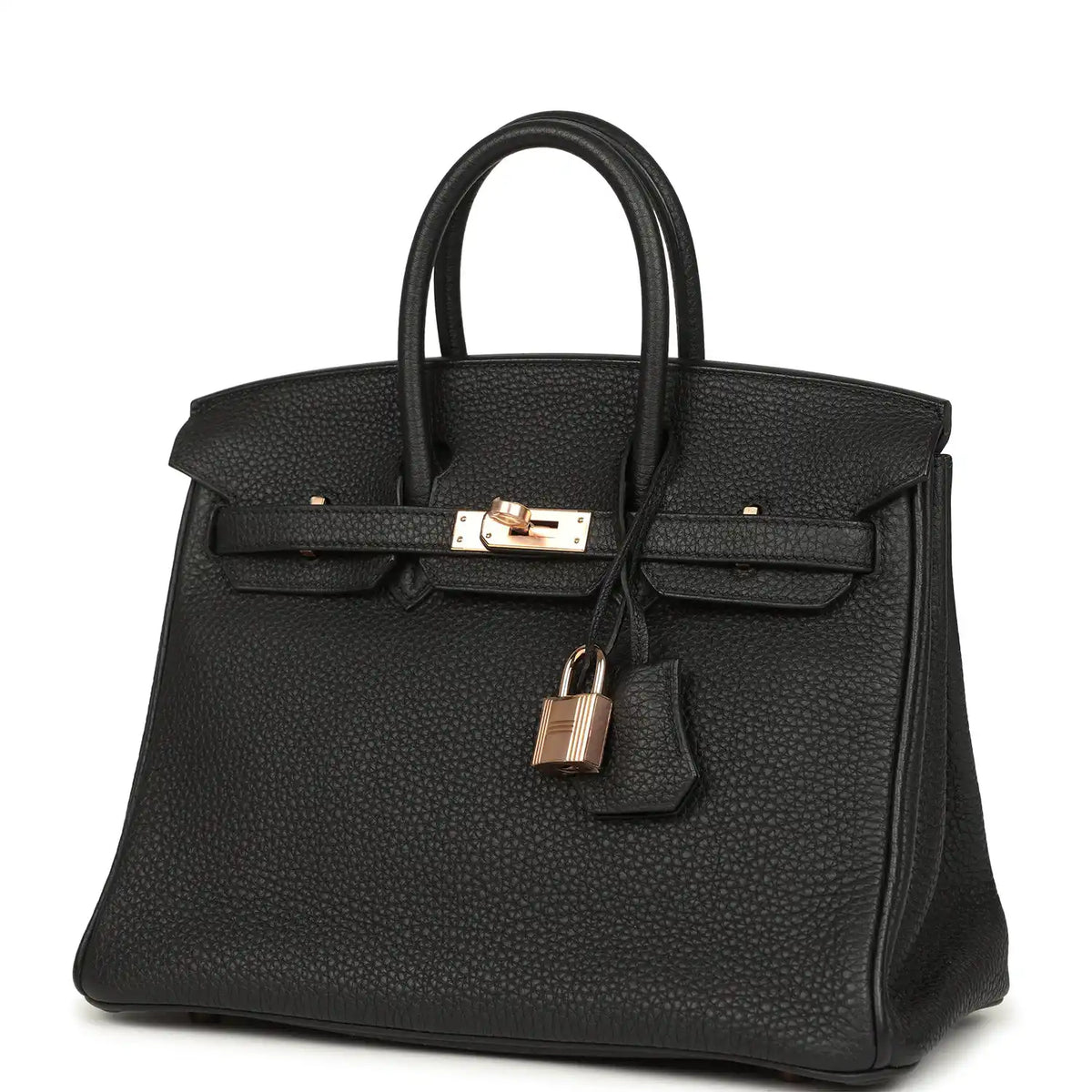 Black Birkin 25 handbag front view with rose-gold turn-lock and padlock charm