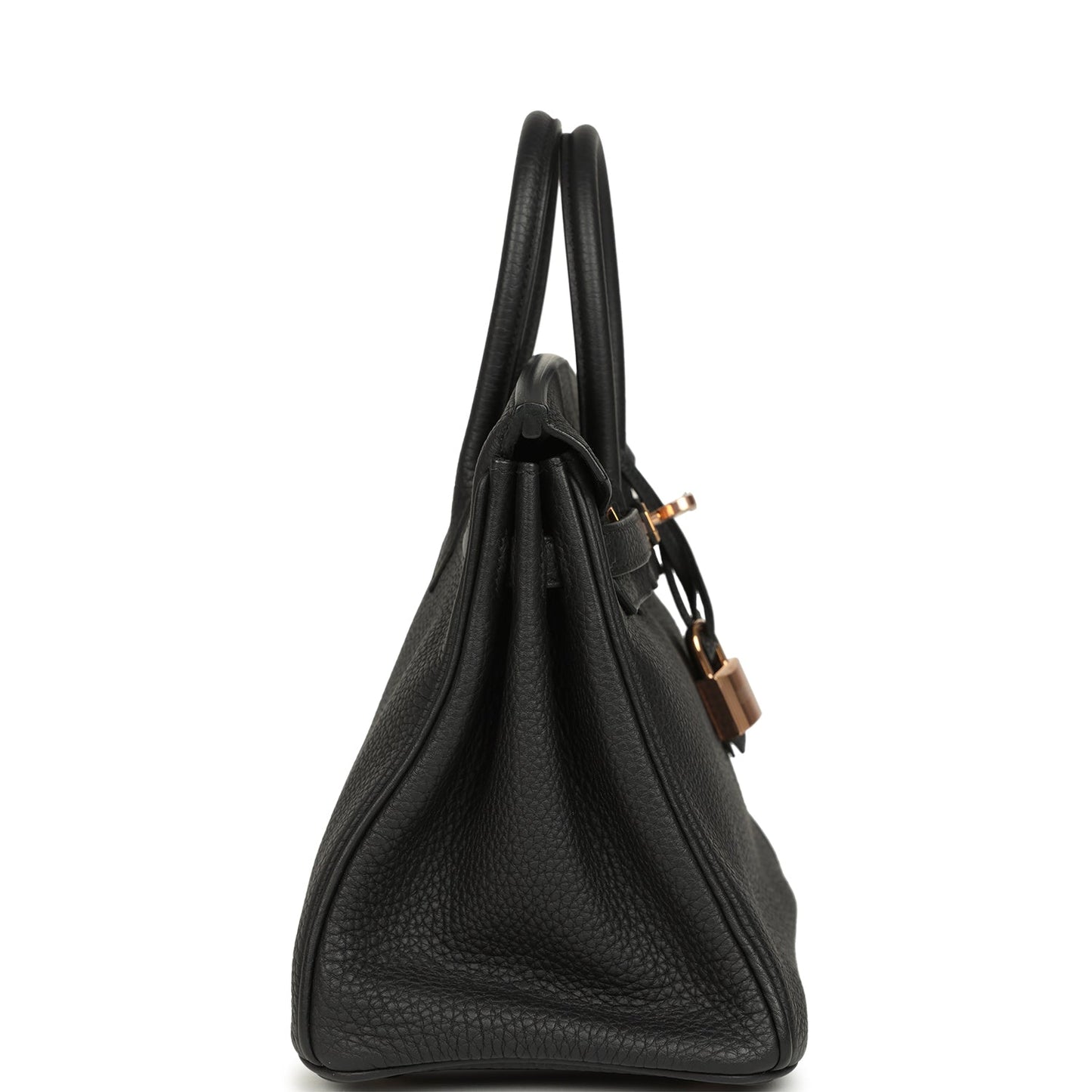 Black Birkin 25 handbag side profile with top handle, strap, and hardware accents