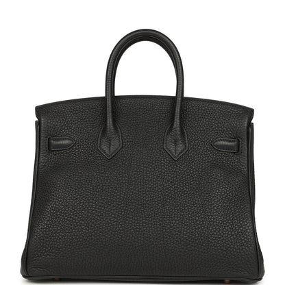Black Birkin 25 handbag back panel with twin pockets and pebbled leather texture