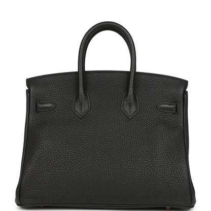 Black Birkin 25 handbag back panel with twin pockets and pebbled leather texture