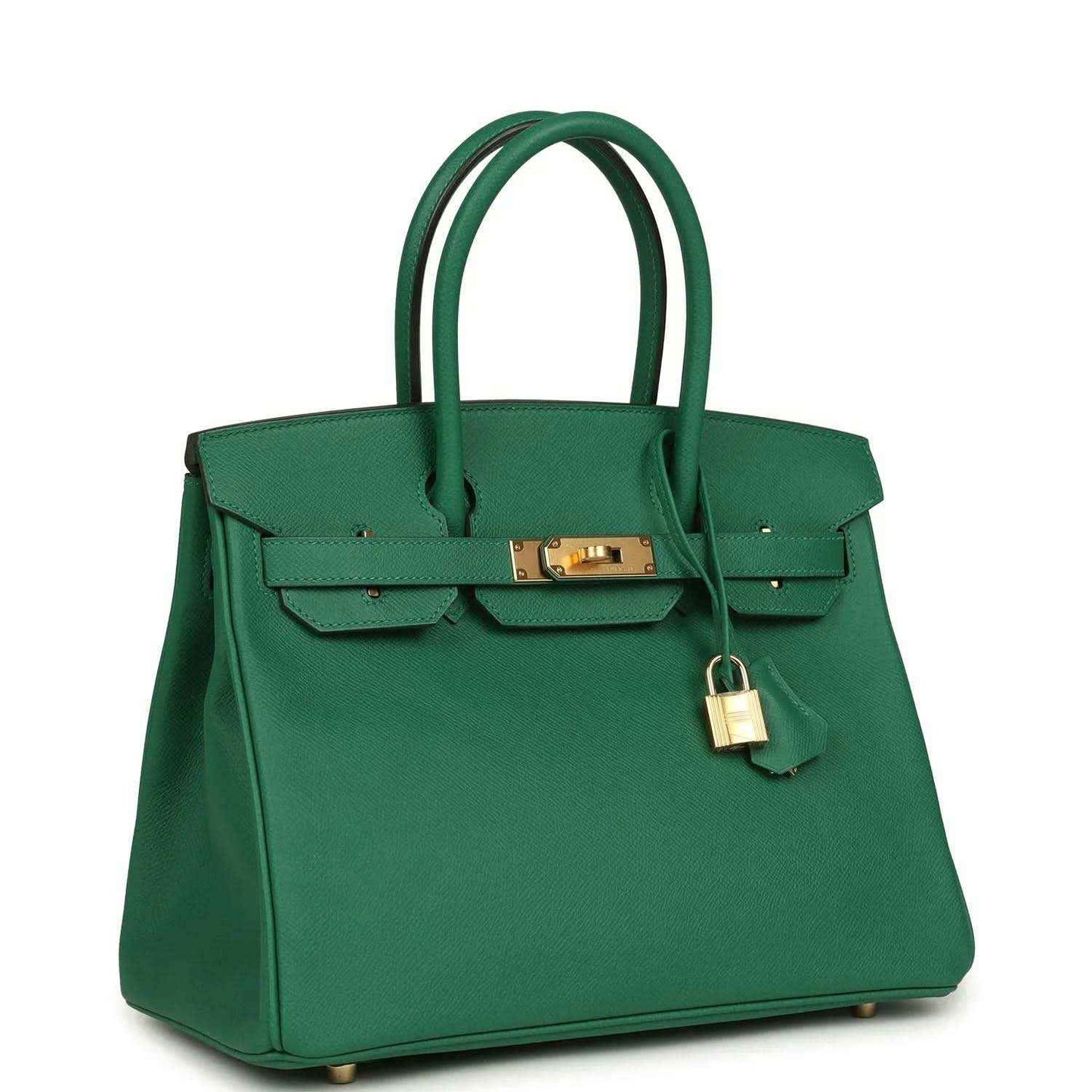 Hermès Birkin 30 green leather handbag, front flap with gold-toned clasp and lock