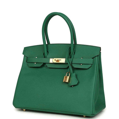 Hermès Birkin 30 green leather handbag with gold-toned clasp and hanging lock key