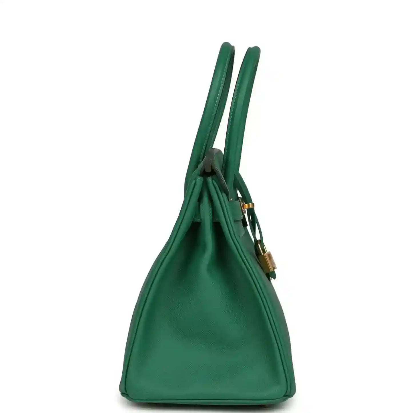 Hermès Birkin 30 green leather handbag, side view with top handles and gold lock