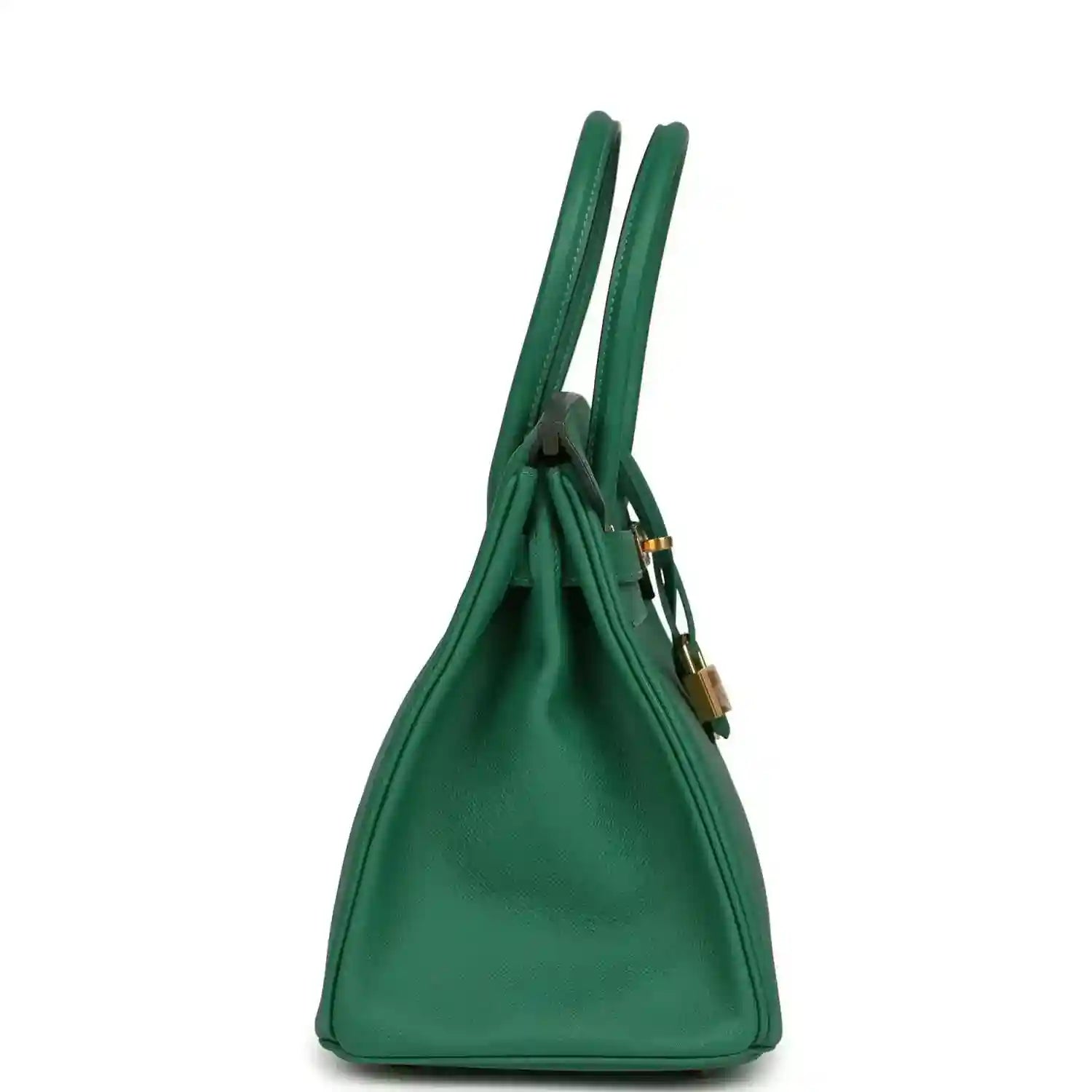Hermès Birkin 30 green leather handbag, side view with top handles and gold lock