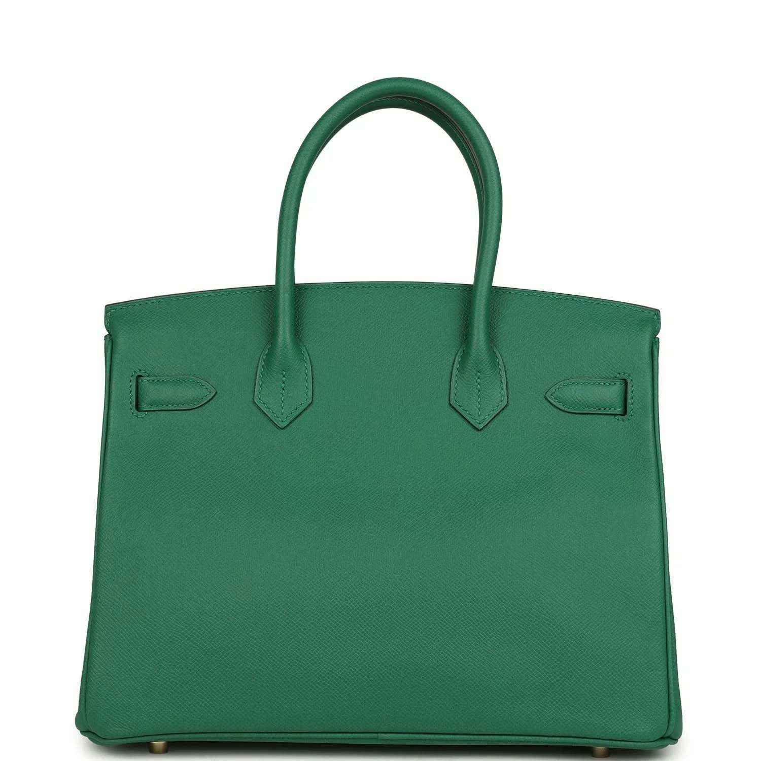 Hermès Birkin 30 green leather handbag, front view with flap and stitched panel detail