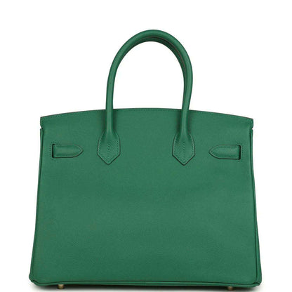 Hermès Birkin 30 green leather handbag, front view with flap and stitched panel detail