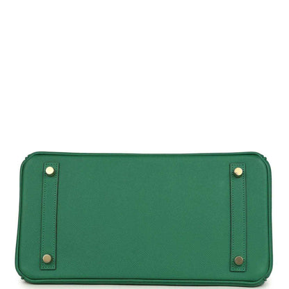 Hermès Birkin 30 green leather handbag back panel with strap and gold corner studs