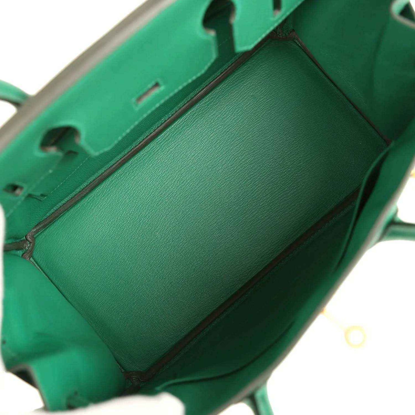 Hermès Birkin 30 green leather handbag interior view with top opening and lining
