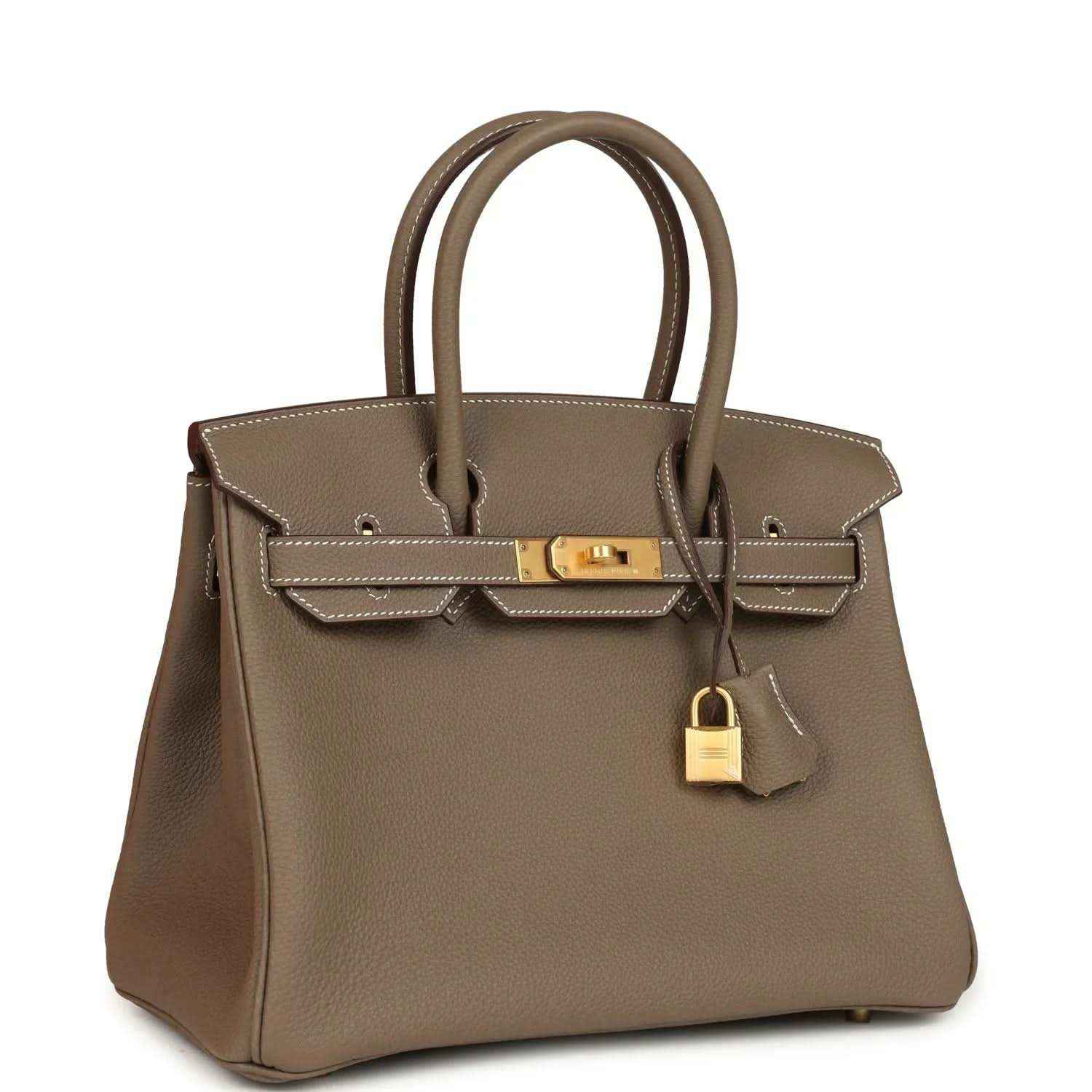 Hermes Birkin 30 handbag side view in taupe leather with top handles and gold hardware