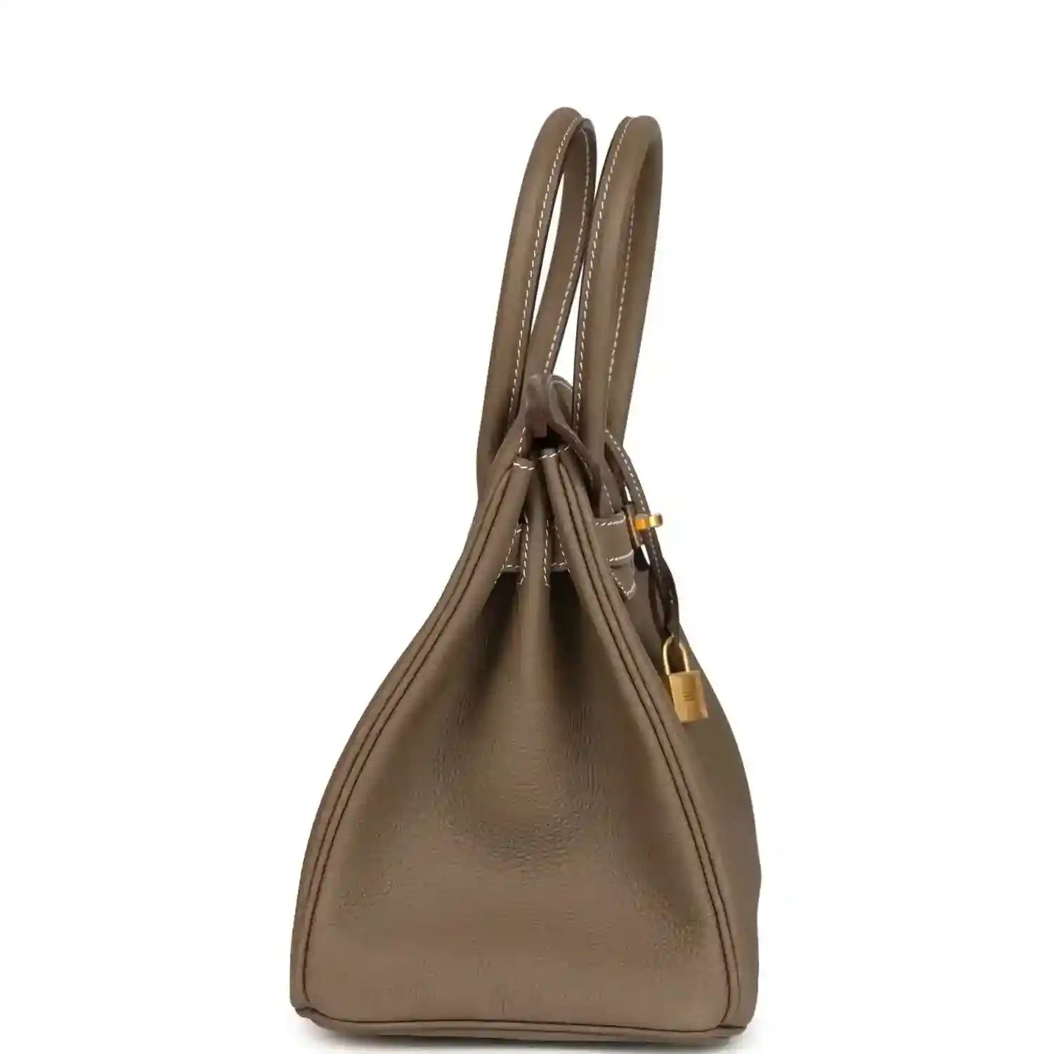 Hermes Birkin 30 handbag top view in taupe leather with front flap and gold accents