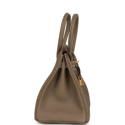 Hermes Birkin 30 handbag top view in taupe leather with front flap and gold accents