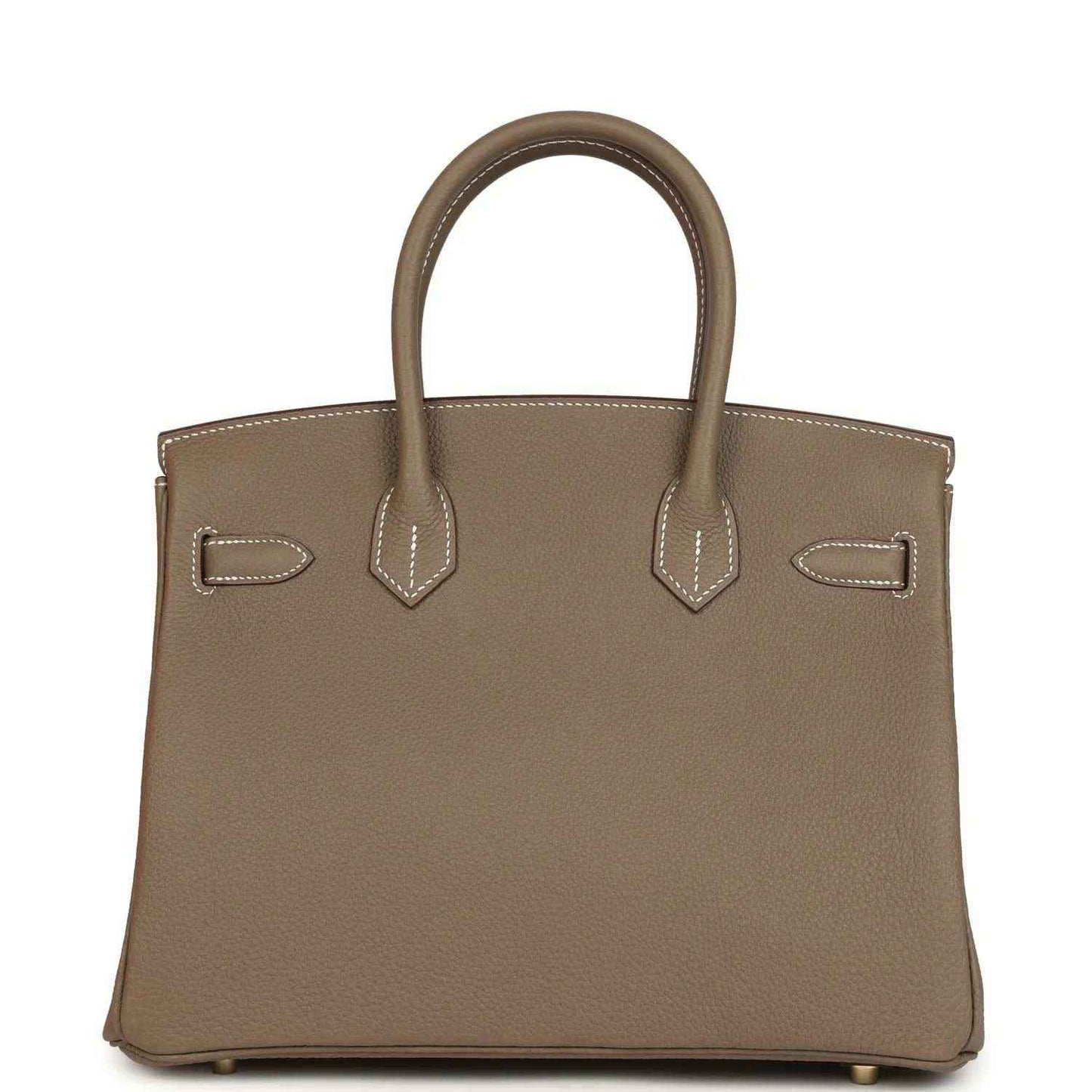 Hermes Birkin 30 handbag taupe leather with front flap, gold clasp, and hanging keys