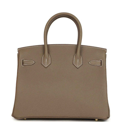 Hermes Birkin 30 handbag taupe leather with front flap, gold clasp, and hanging keys