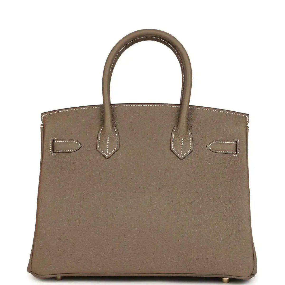 Hermes Birkin 30 handbag taupe leather with front flap, gold clasp, and hanging keys