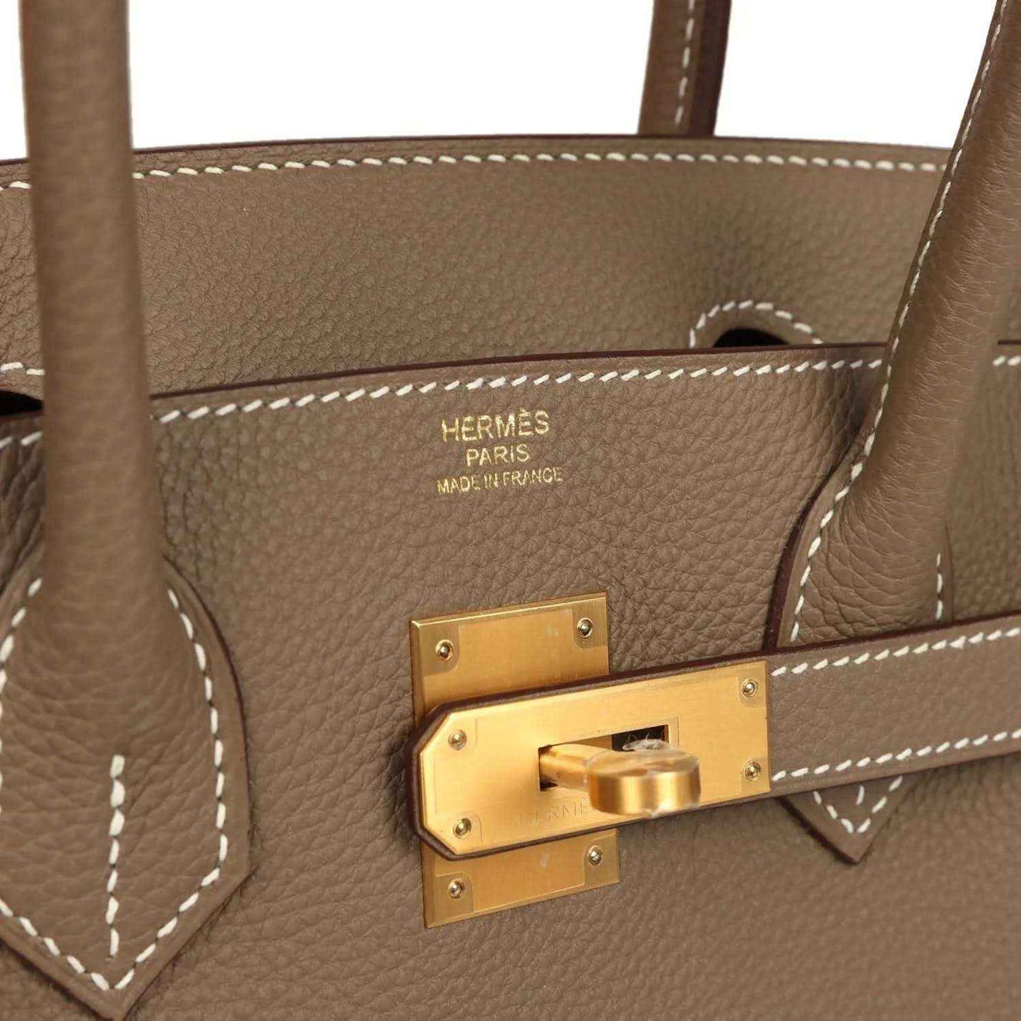 Hermes Birkin 30 interior lining in taupe leather with contrast white stitching