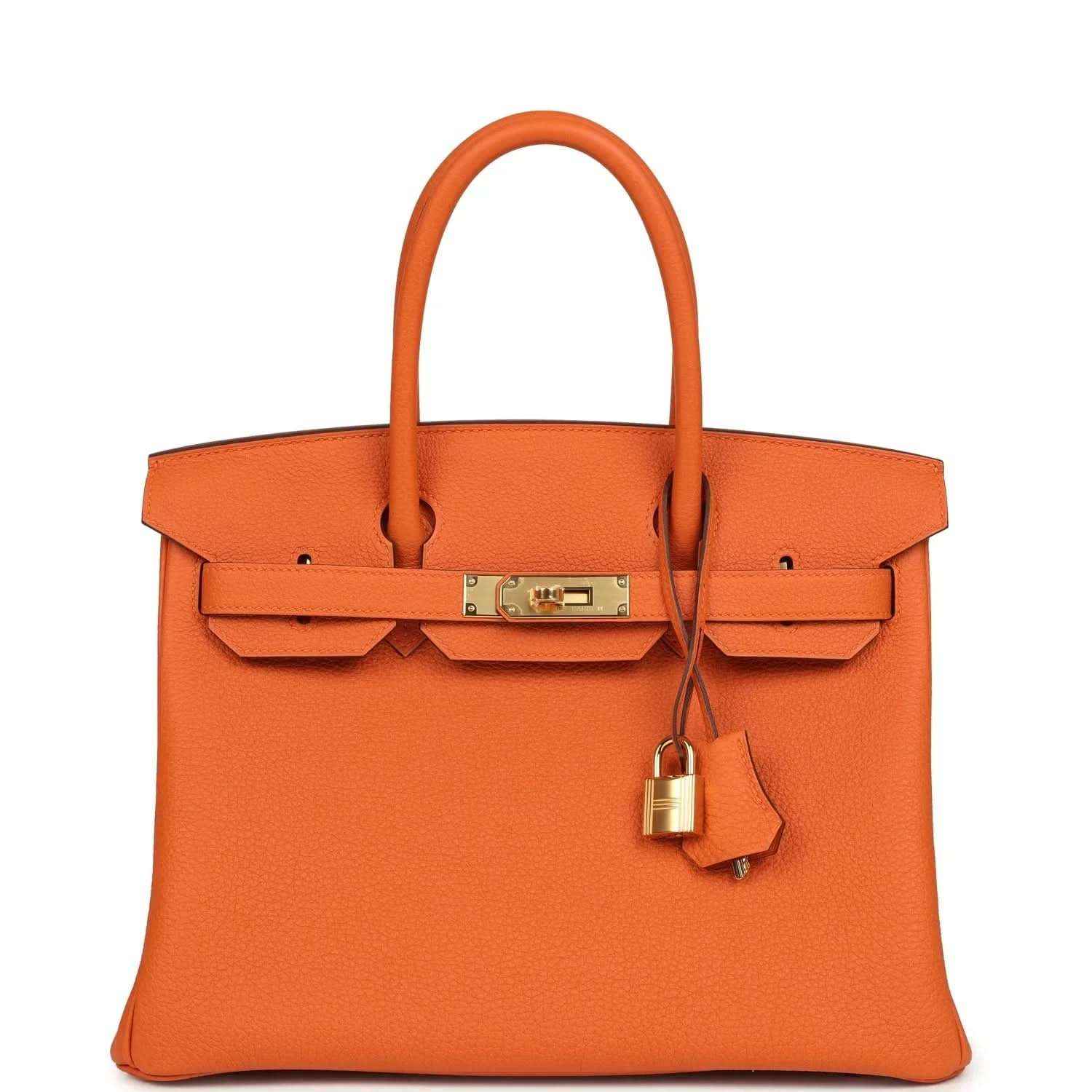 Hermes Birkin 30 orange Togo leather bag with gold-tone clasp and hanging lock