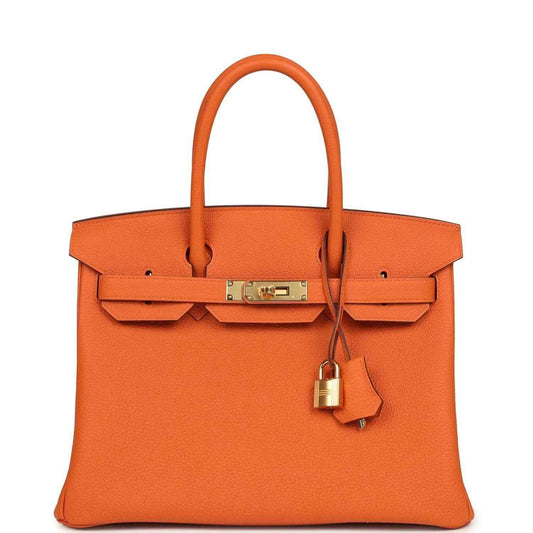 Hermes Birkin 30 orange Togo leather bag with gold-tone clasp and hanging lock