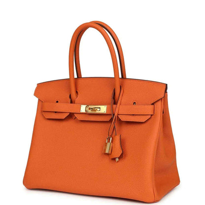 Hermes Birkin 30 orange Togo leather bag front view with gold-tone lock and dangling keyring