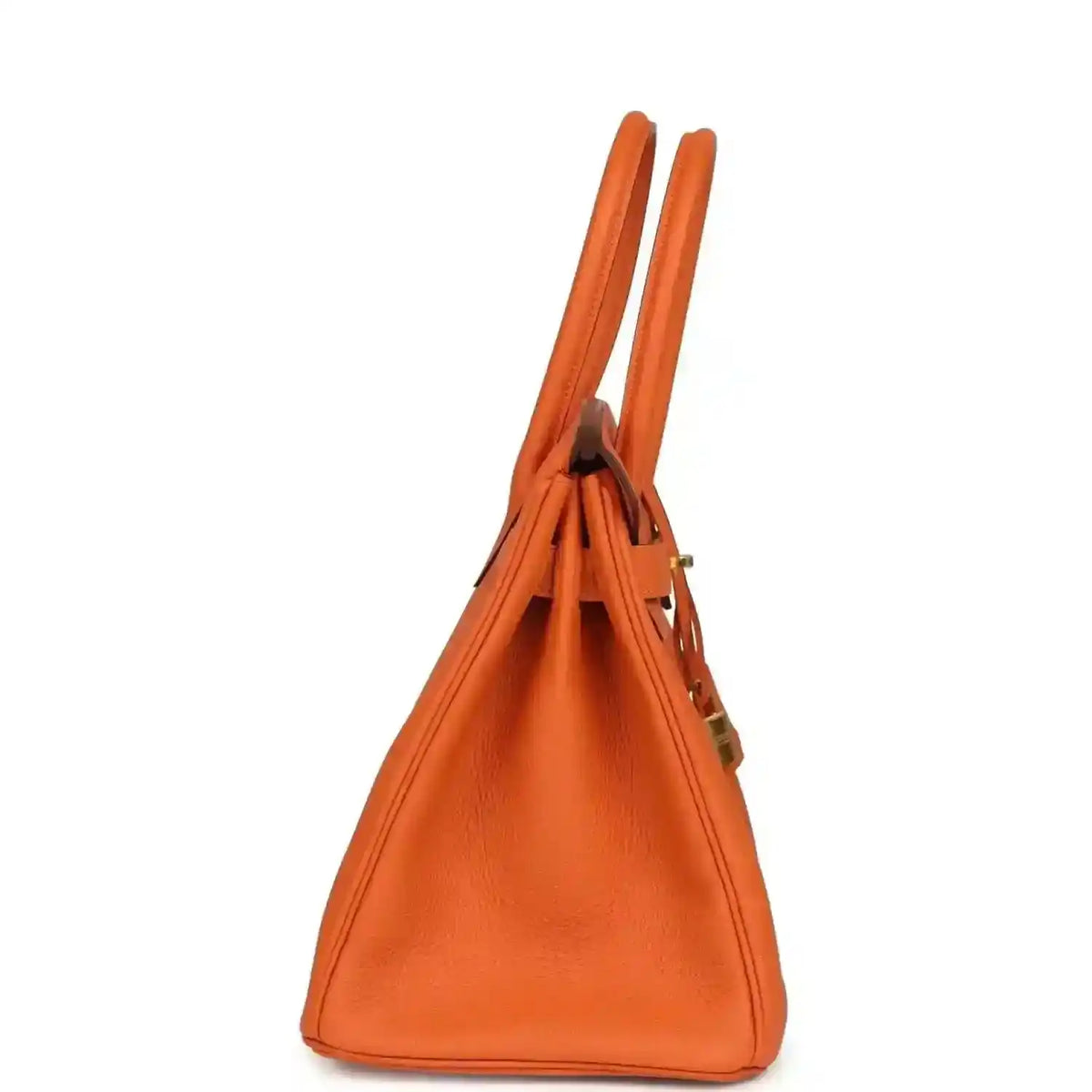 Hermes Birkin 30 orange Togo leather bag side view with top handles and seams