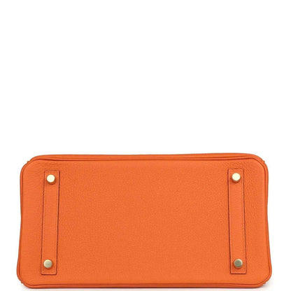 Hermes Birkin 30 orange Togo leather bag back view with two side gusset pockets