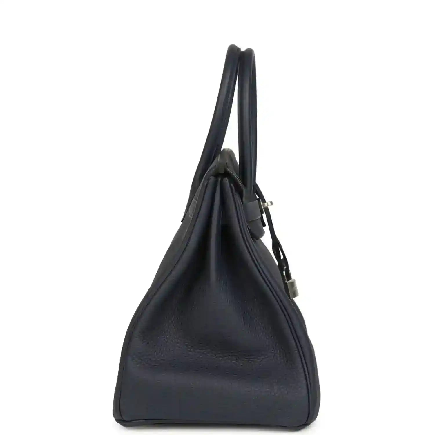 Navy leather handbag with top handles and metal strap detail