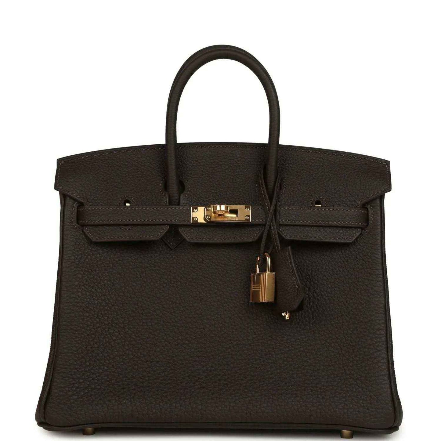 Hermes Birkin 25 dark brown Togo leather handbag with gold top lock and handles