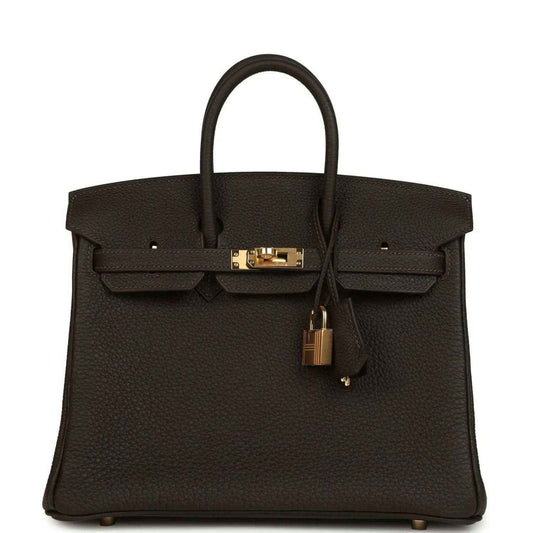 Hermes Birkin 25 dark brown Togo leather handbag with gold top lock and handles