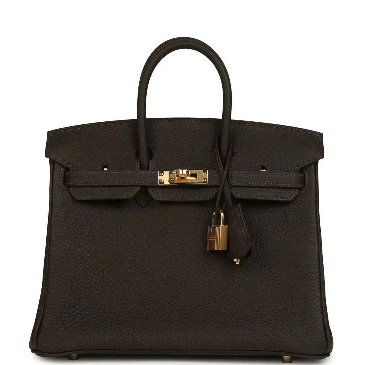 Hermes Birkin 25 dark brown Togo leather handbag with gold top lock and handles