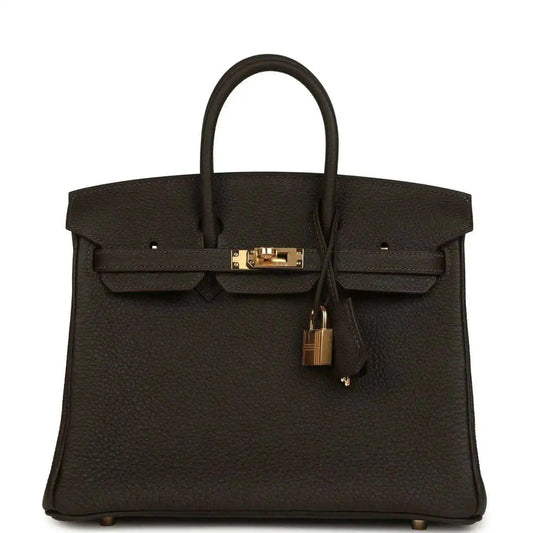 Hermes Birkin 25 dark brown Togo leather handbag with gold top lock and handles