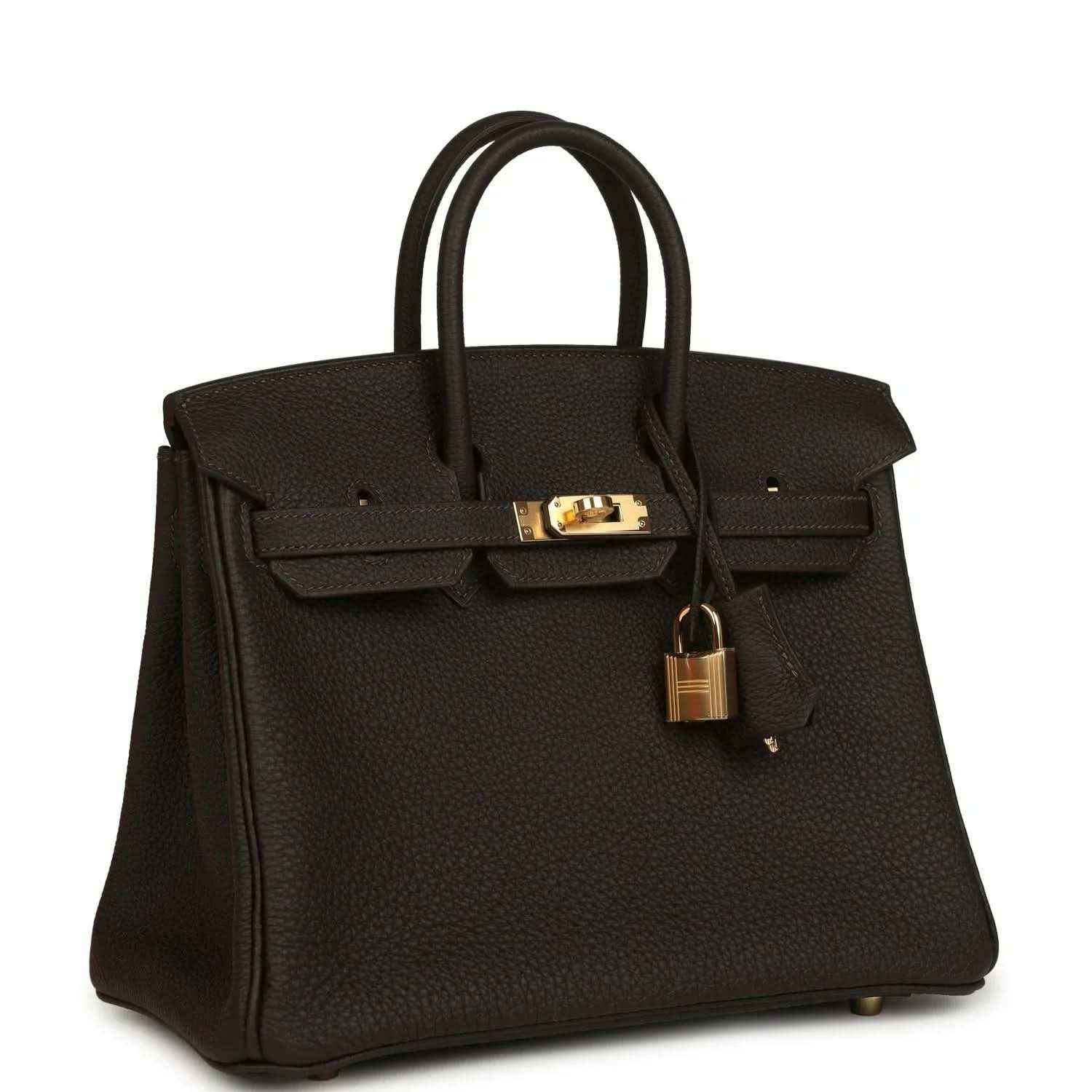 Hermes Birkin 25 dark brown Togo leather handbag with gold clasp and hanging lock