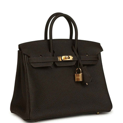 Hermes Birkin 25 dark brown Togo leather handbag with gold clasp and hanging lock