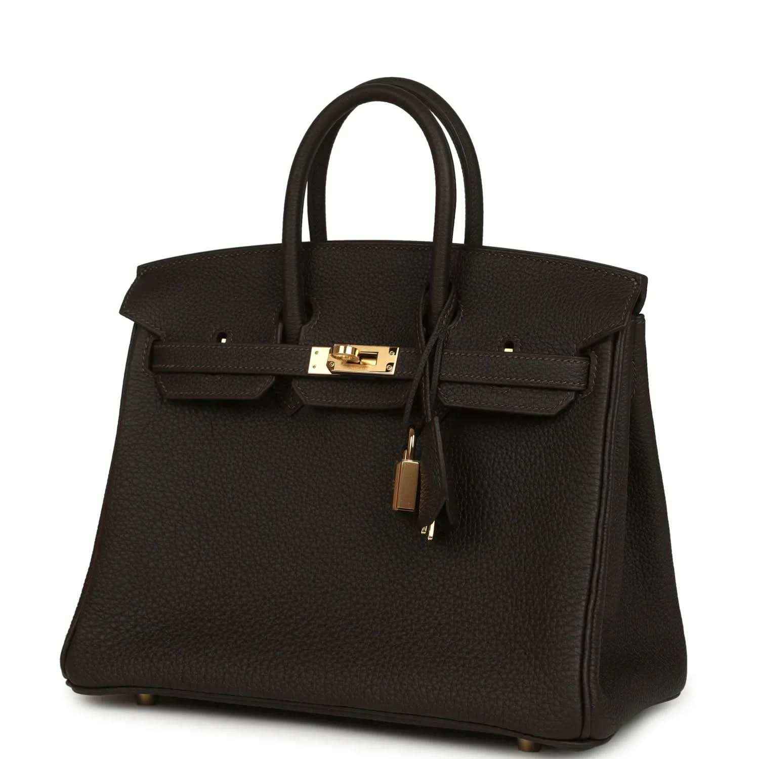Hermes Birkin 25 dark brown Togo leather handbag front view with gold clasp and lock