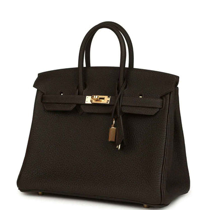 Hermes Birkin 25 dark brown Togo leather handbag front view with gold clasp and lock