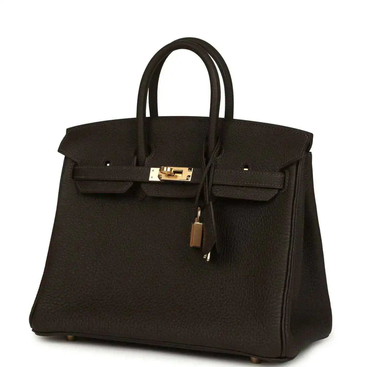 Hermes Birkin 25 dark brown Togo leather handbag front view with gold clasp and lock